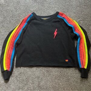 Aviator Nation crewneck rainbow striped black cropped sweatshirt